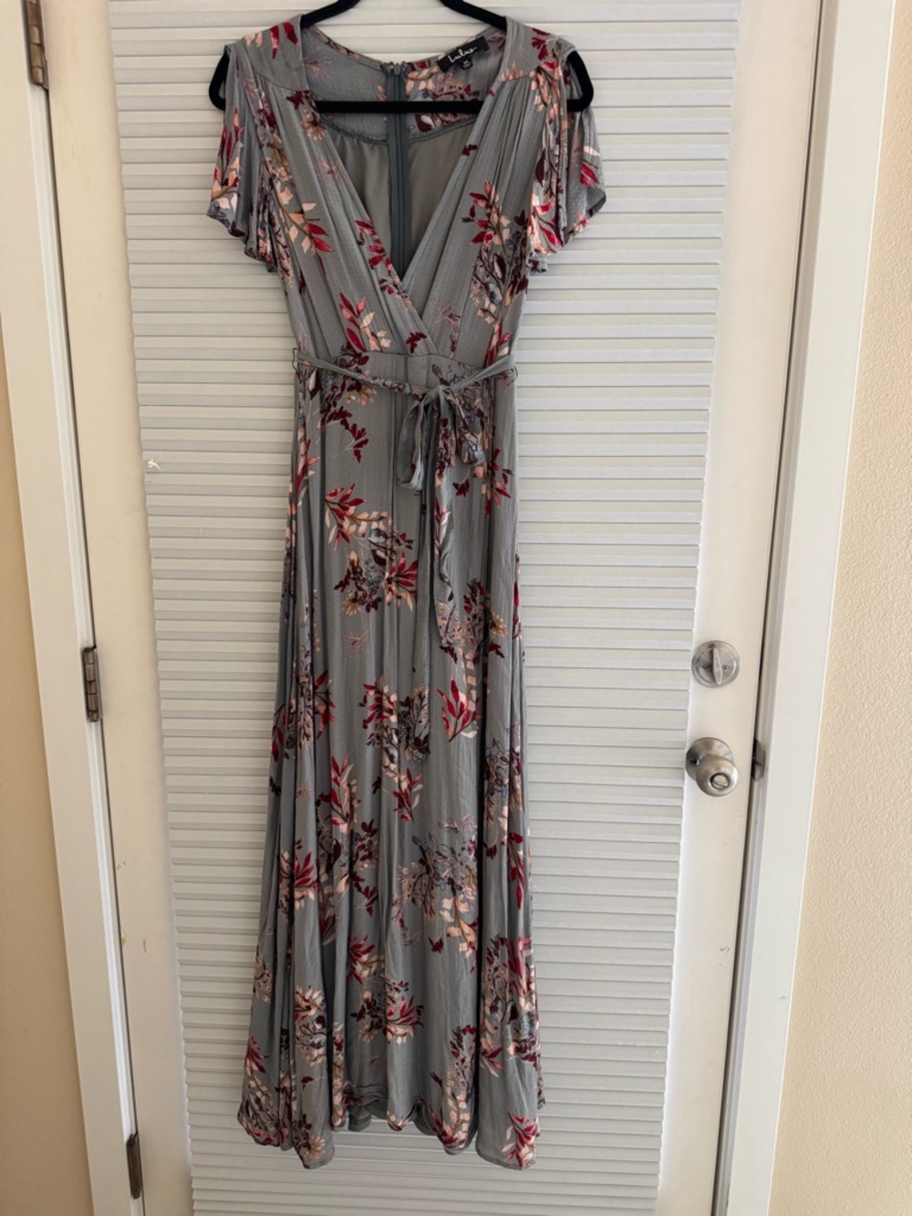Lulu's Gray Floral Wrap Maxi Dress with Pink Accents